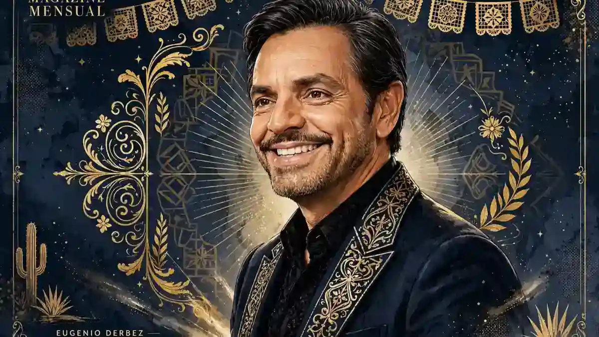 Stylized portrait illustration of Eugenio Derbez in dark navy and gold editorial style