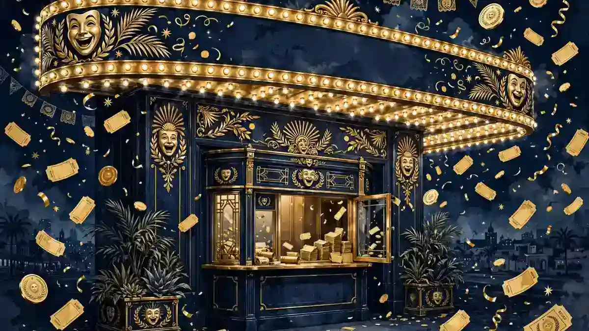 Editorial illustration of a vintage cinema box-office marquee in navy and gold, celebrating Latin comedy box-office success