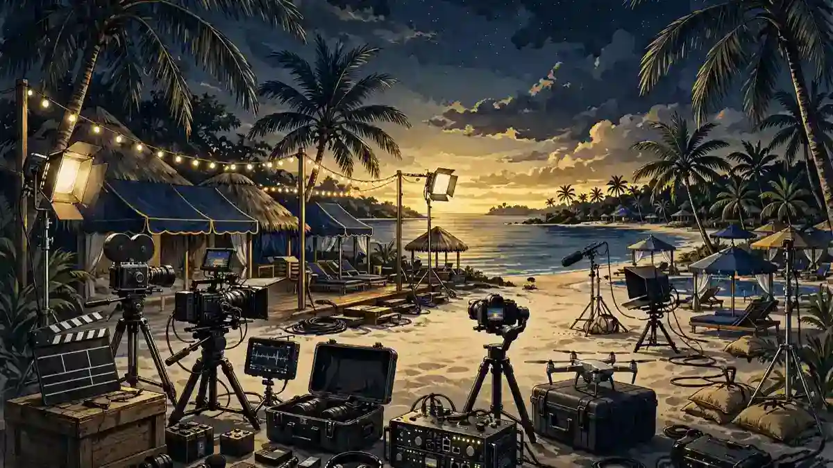 Editorial illustration of a tropical resort film set with cameras and clapperboard in navy and gold, representing streaming-era production