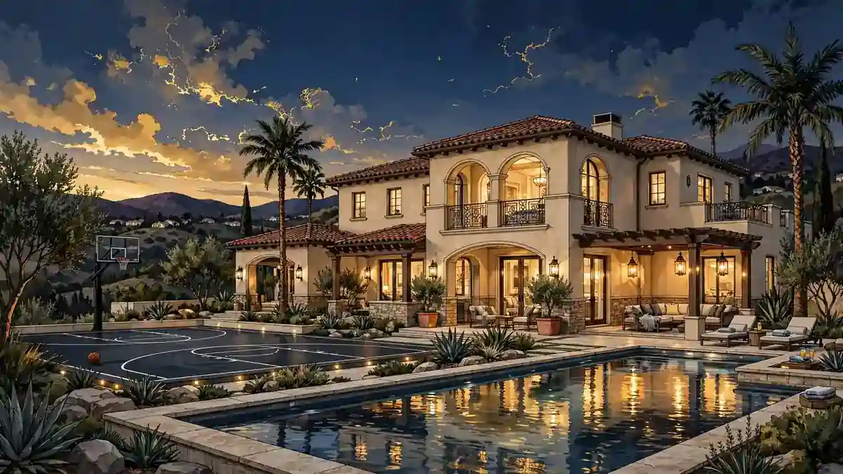 Illustration of FaZe Rug's luxury Poway mansion with pool and basketball court at dusk
