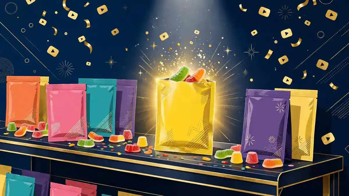 Illustration of FaZe Rug's 1UP Candy brand sour gummy products on a retail shelf