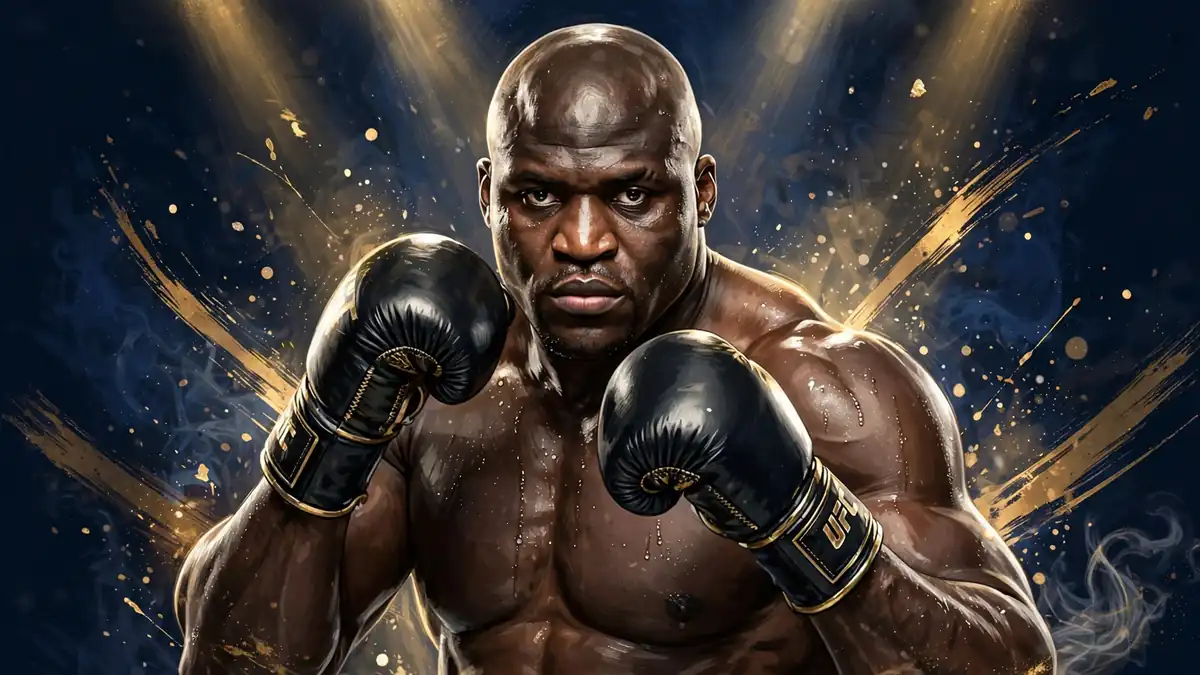 Illustrated portrait of Francis Ngannou raising boxing gloves against a dark navy and gold background