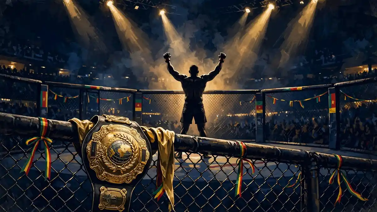 Illustrated MMA octagon at night with a gold championship belt draped over the fence