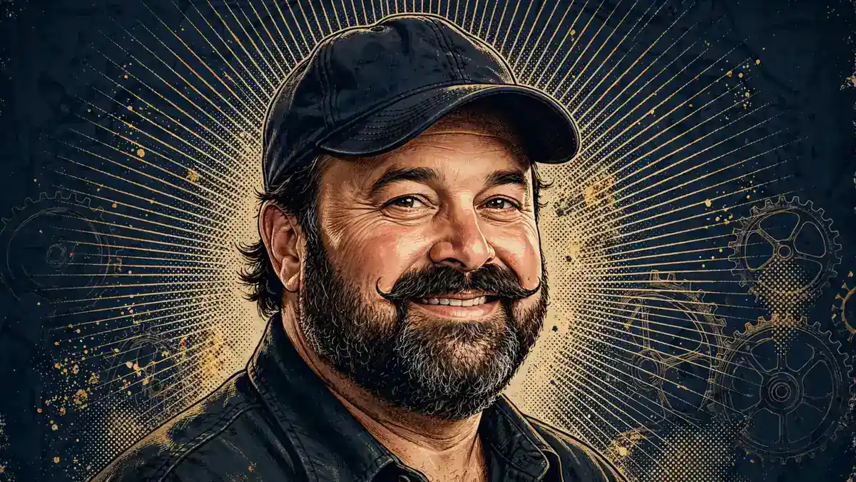 Illustrated portrait of Frank Fritz, the late American Pickers star, in navy and gold editorial style