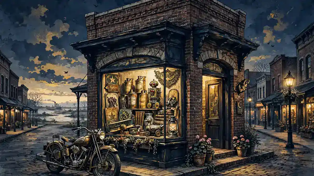 Illustrated view of a small-town antique shop like Frank Fritz Finds in Savanna, Illinois, at dusk