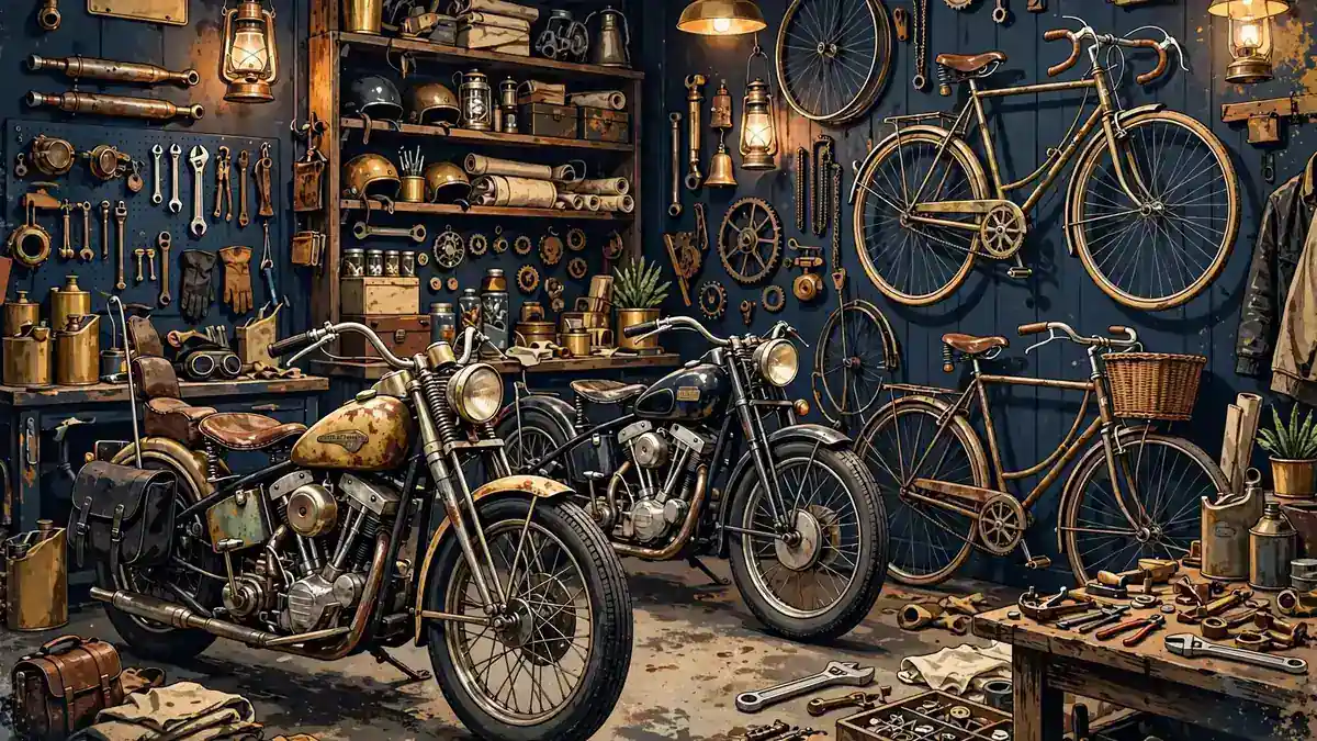 Illustrated collector's garage with vintage motorcycles and bicycles, Fritz's lifelong passion