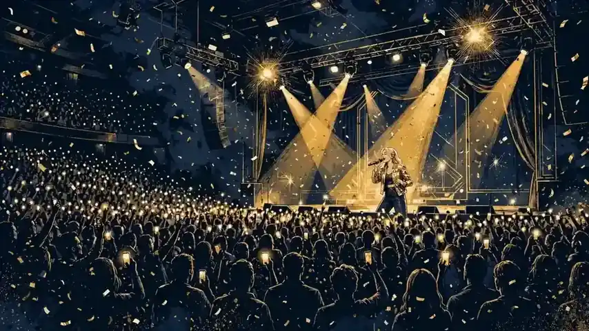 Illustration of a packed arena concert crowd with a pop singer on stage