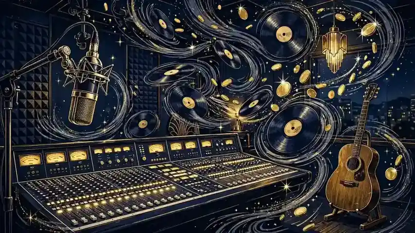 Illustration of a music recording studio with microphone, mixing console and gold coins
