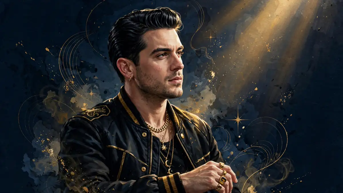 Stylized illustrated portrait of rapper G-Eazy in navy and gold