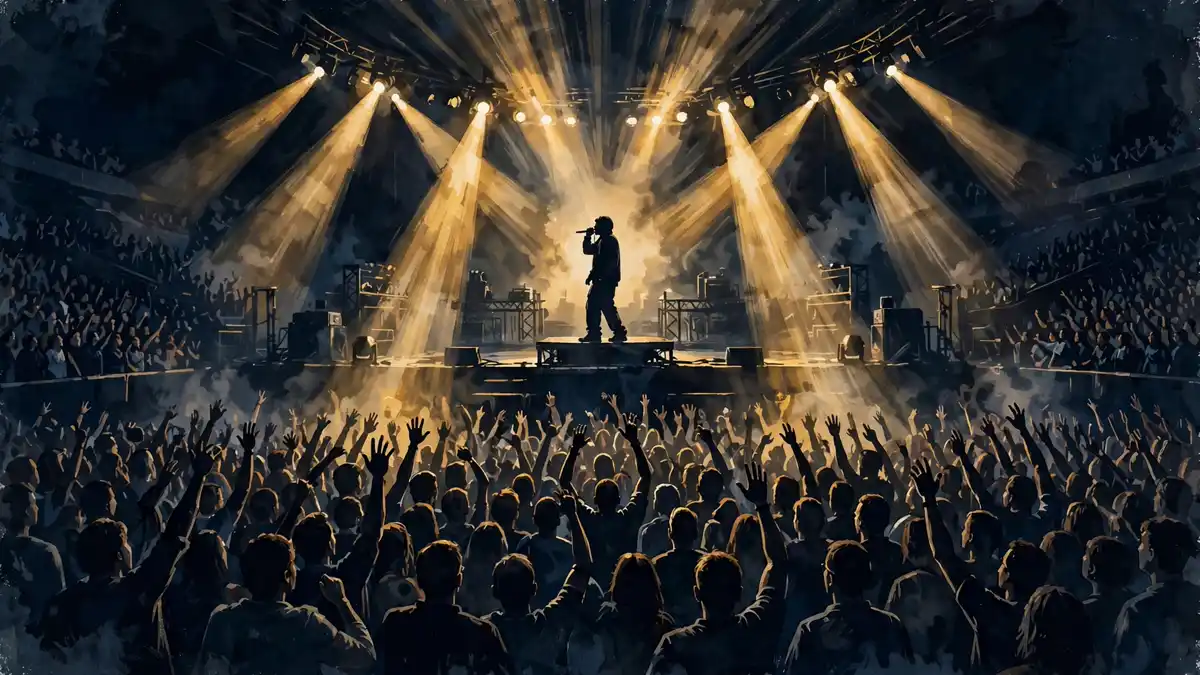 Stylized illustration of a packed arena hip-hop concert under gold lights