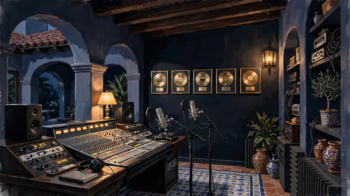 Stylized illustration of a luxury home recording studio in a Spanish Colonial villa