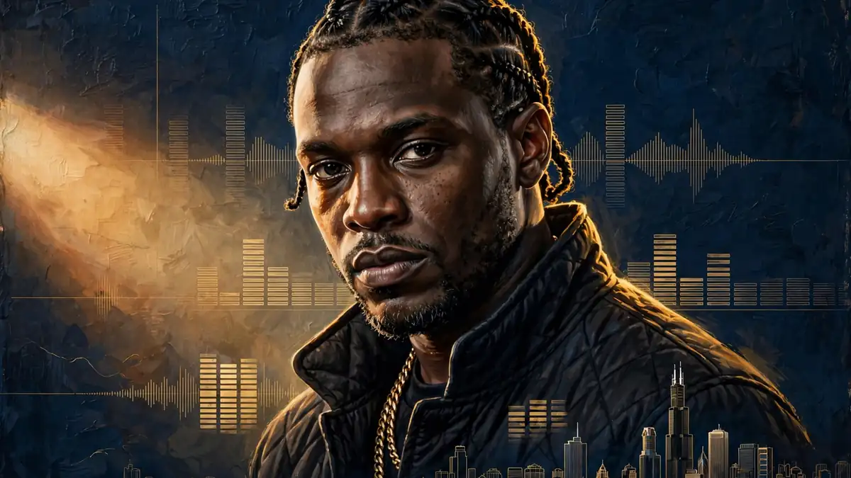 Stylized illustrated portrait of G Herbo against a navy and gold Chicago skyline