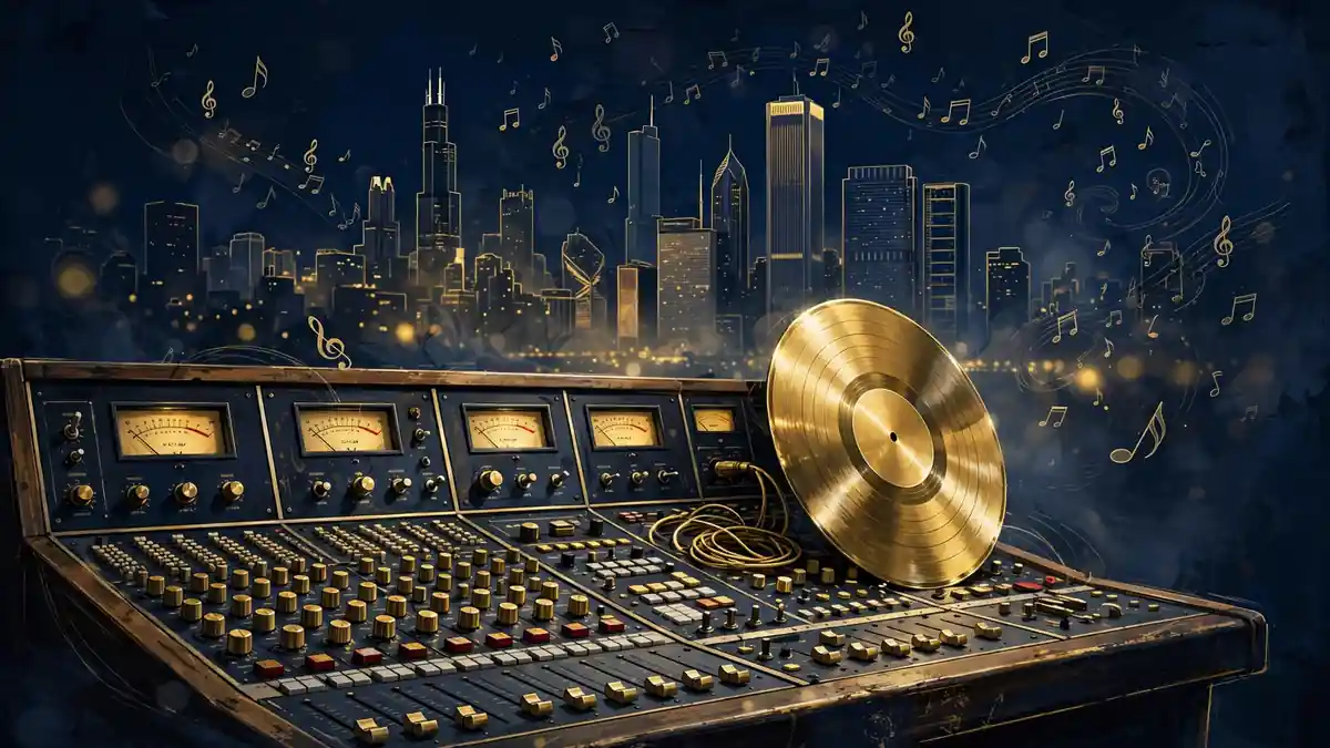 Illustration of a recording studio mixing console and gold vinyl record with the Chicago skyline