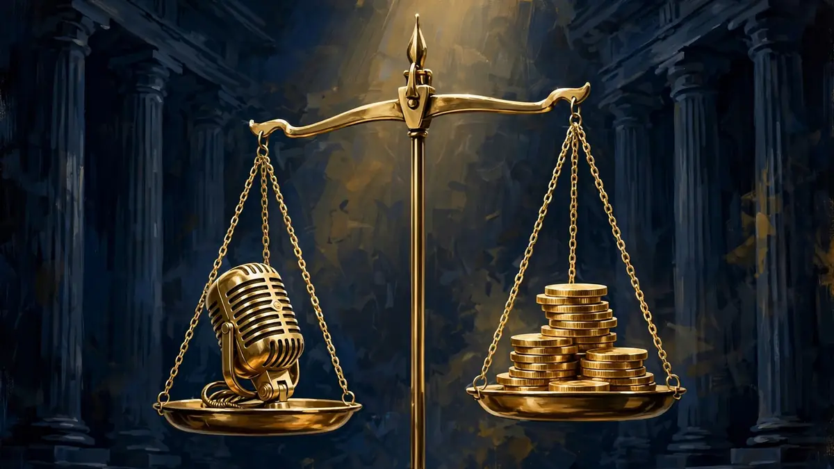 Illustration of scales of justice with a gold microphone, symbolizing G Herbo's federal fraud case