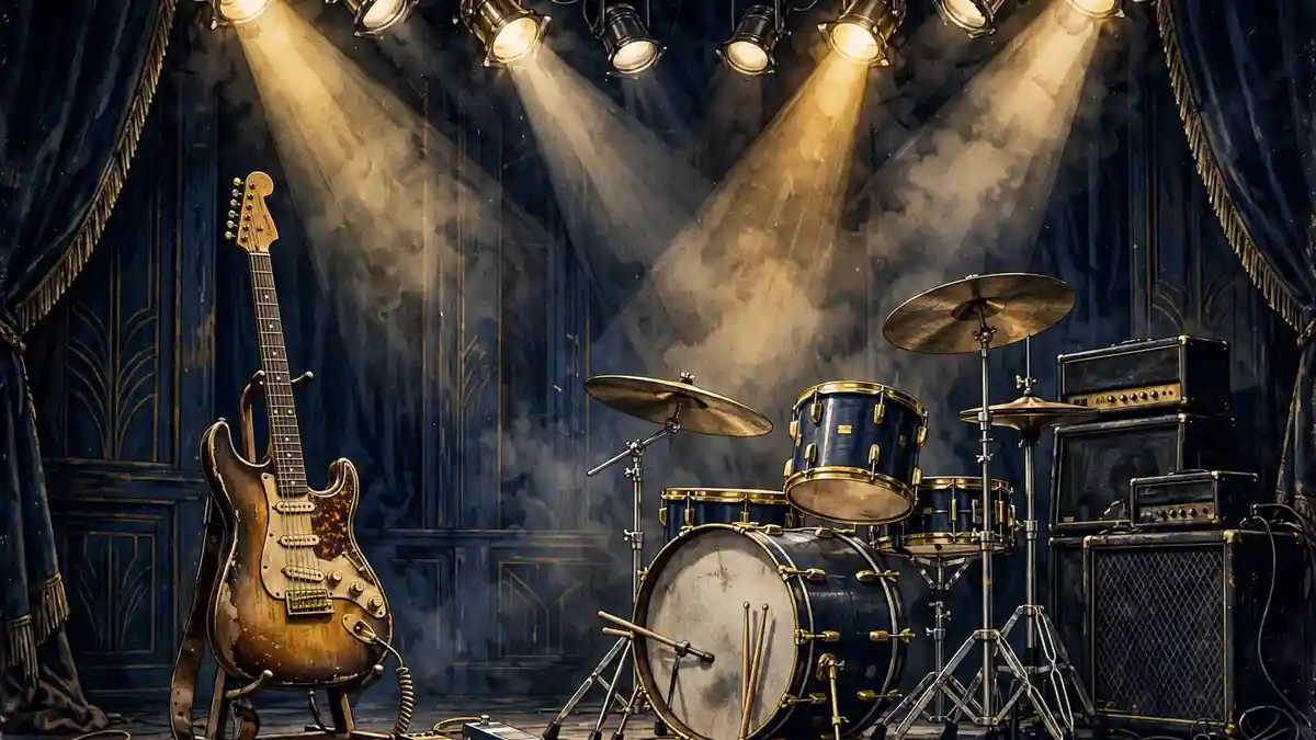 Illustration of a 1970s rock stage with electric guitar and drum kit under spotlights