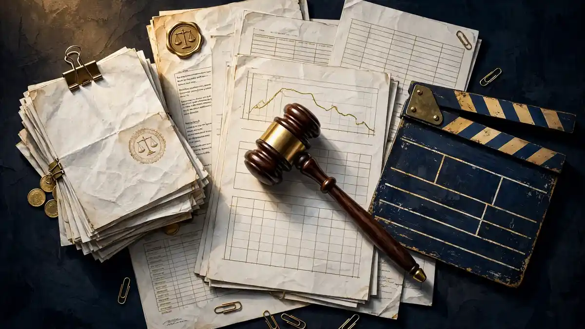 Illustration of bankruptcy court documents, a gavel, and a film clapperboard