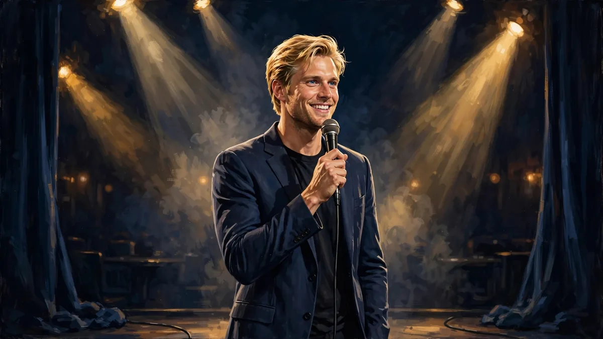 Stylized editorial illustration of comedian Gary Owen performing stand-up on stage under golden spotlights