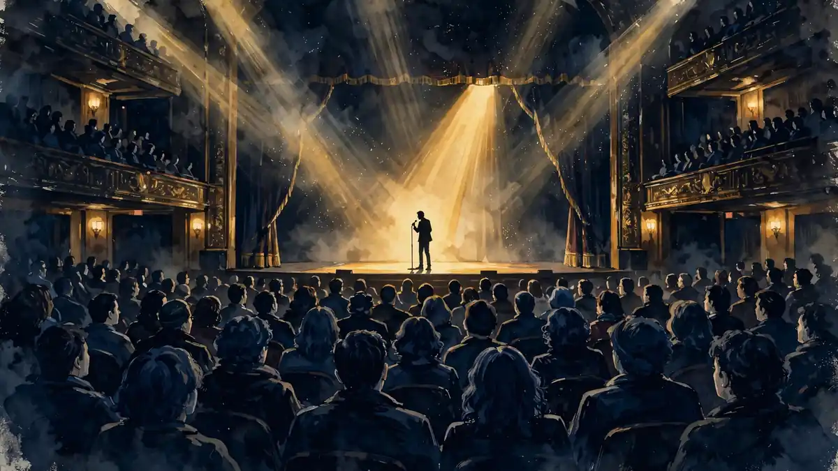 Illustration of a packed theater during a sold-out stand-up comedy show under golden spotlights