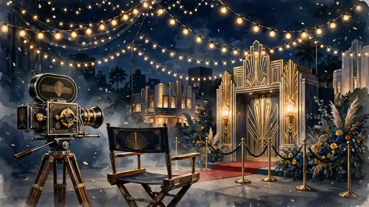 Illustration of a Hollywood film set at night with a vintage camera and golden art-deco premiere entrance