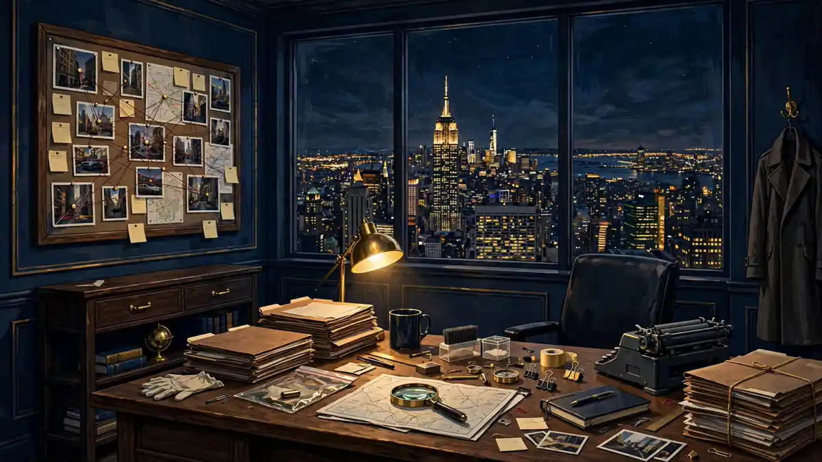 Illustration of a New York detective's office at night, evoking Mac Taylor's world on CSI: NY