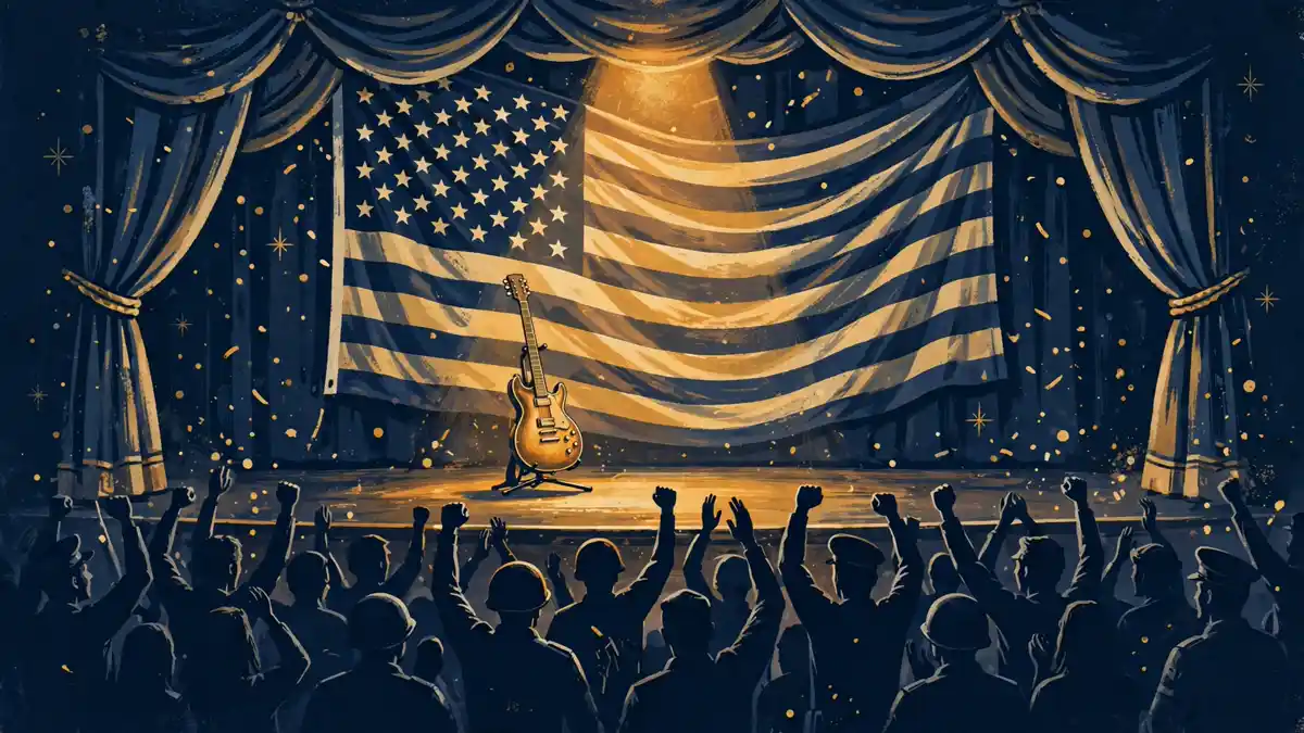 Illustration of a concert stage with a guitar honoring American veterans, evoking the Lt. Dan Band