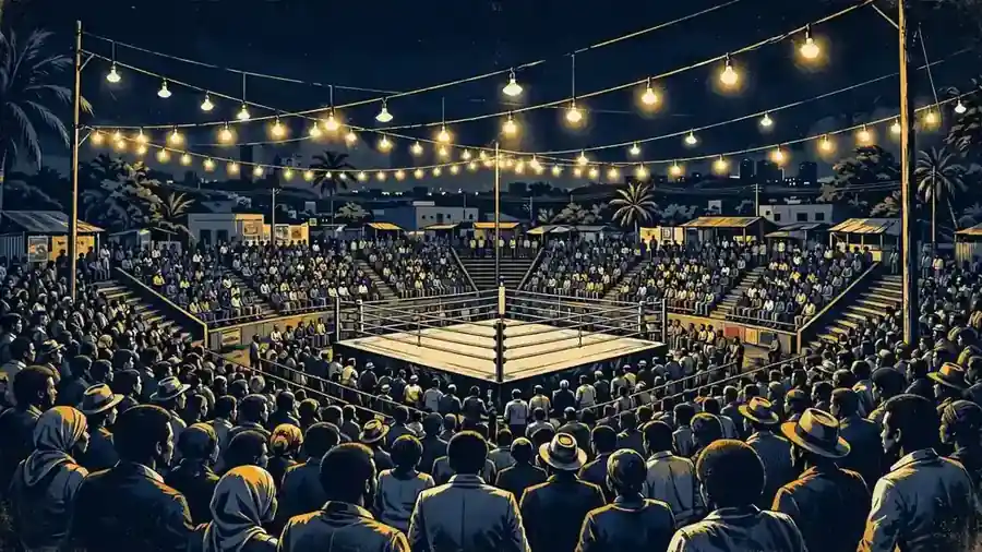 Stylized editorial illustration of a dramatic 1970s outdoor boxing stadium at night in Kinshasa, a packed crowd under bright lights, dark navy and gold art style