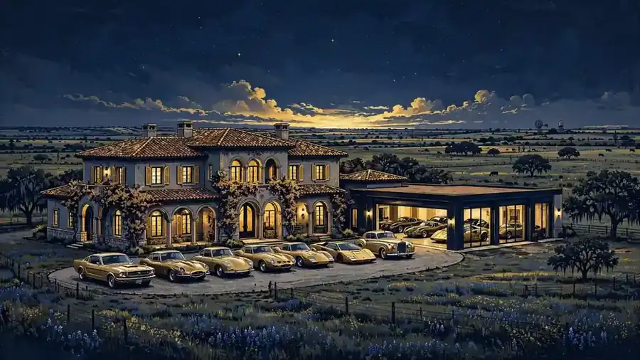 Stylized editorial illustration of a grand Mediterranean-style Texas mansion at dusk with a huge collector car garage wing and classic cars out front, dark navy and gold art style