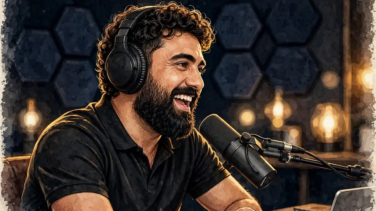 Illustration of George Janko speaking into a studio microphone during The George Janko Show recording
