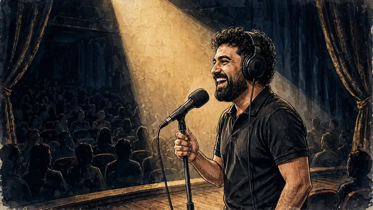 Illustration of George Janko performing stand-up comedy on stage during the Man on Water Tour