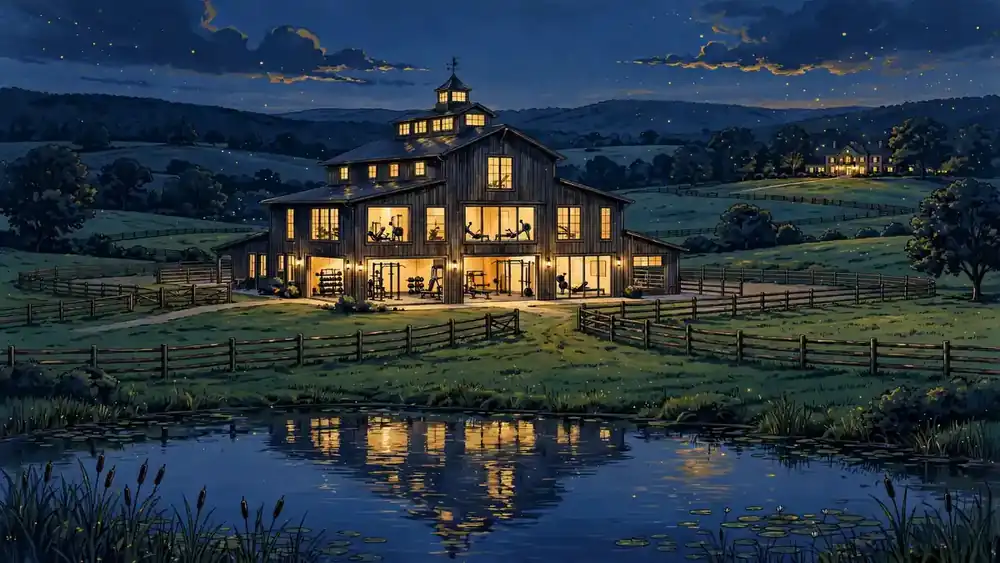 Illustration of George Kittle's Tennessee estate, a converted horse barn gym at dusk