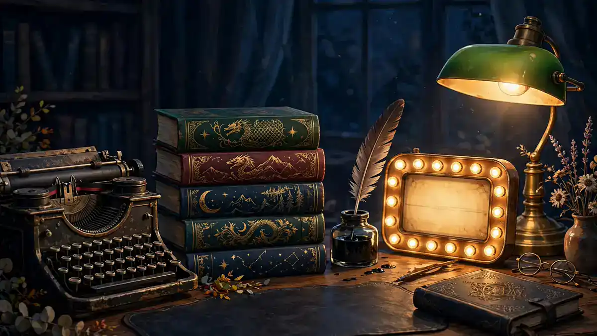 Vintage author's writing desk with typewriter, stacked fantasy novels and a warm lamp