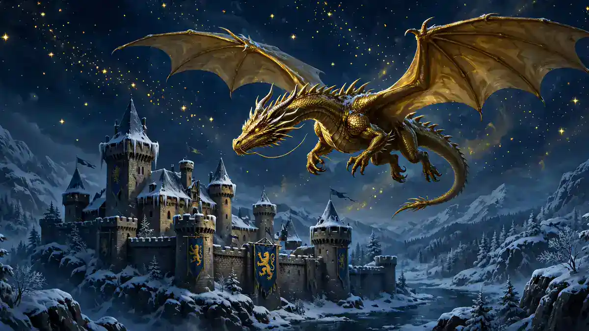 Fantasy illustration of a golden dragon flying over a snow-covered castle with banners