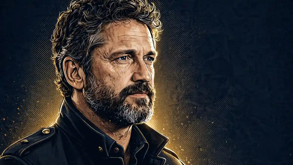 Stylized illustrated portrait of Scottish actor Gerard Butler in navy and gold editorial style.