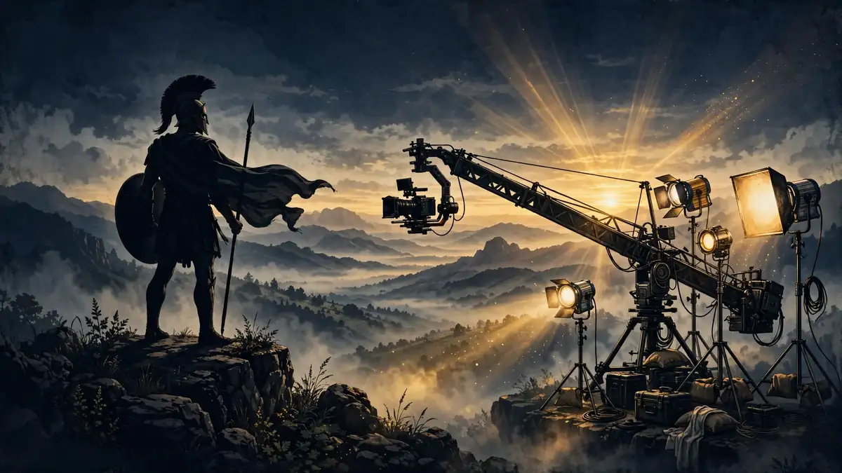 Editorial illustration of a Spartan warrior and a film camera crane evoking Gerard Butler's 300 era, navy and gold style