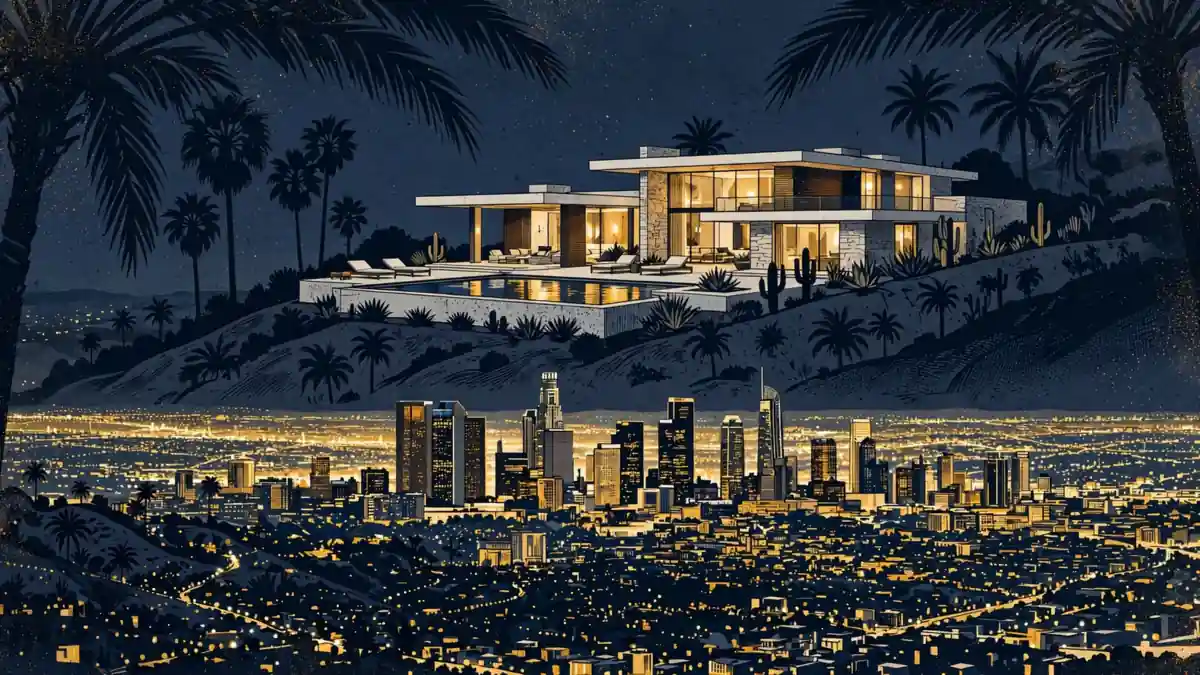 Editorial illustration of a modern Los Angeles hillside home at dusk in navy and gold style