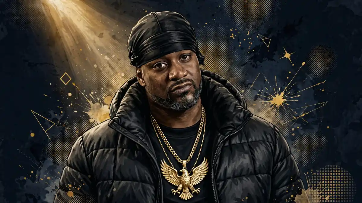 Stylized illustrated portrait of Ghostface Killah with a gold eagle pendant on a navy and gold editorial background