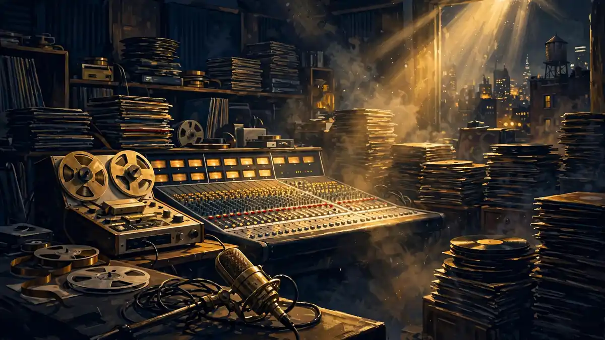 Illustration of a 1990s New York recording studio with a mixing console, vinyl records and a vintage microphone