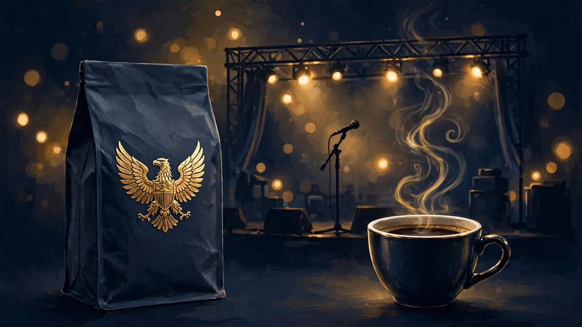 Illustration of a premium coffee bag with a gold eagle emblem beside an espresso cup and a concert stage with golden lights