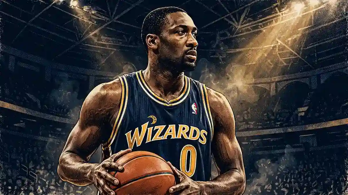 Stylized illustrated portrait of former NBA star Gilbert Arenas in a Washington Wizards number zero jersey holding a basketball