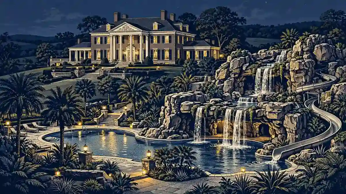 Illustration of a luxury Virginia estate mansion with a resort-style pool grotto at dusk