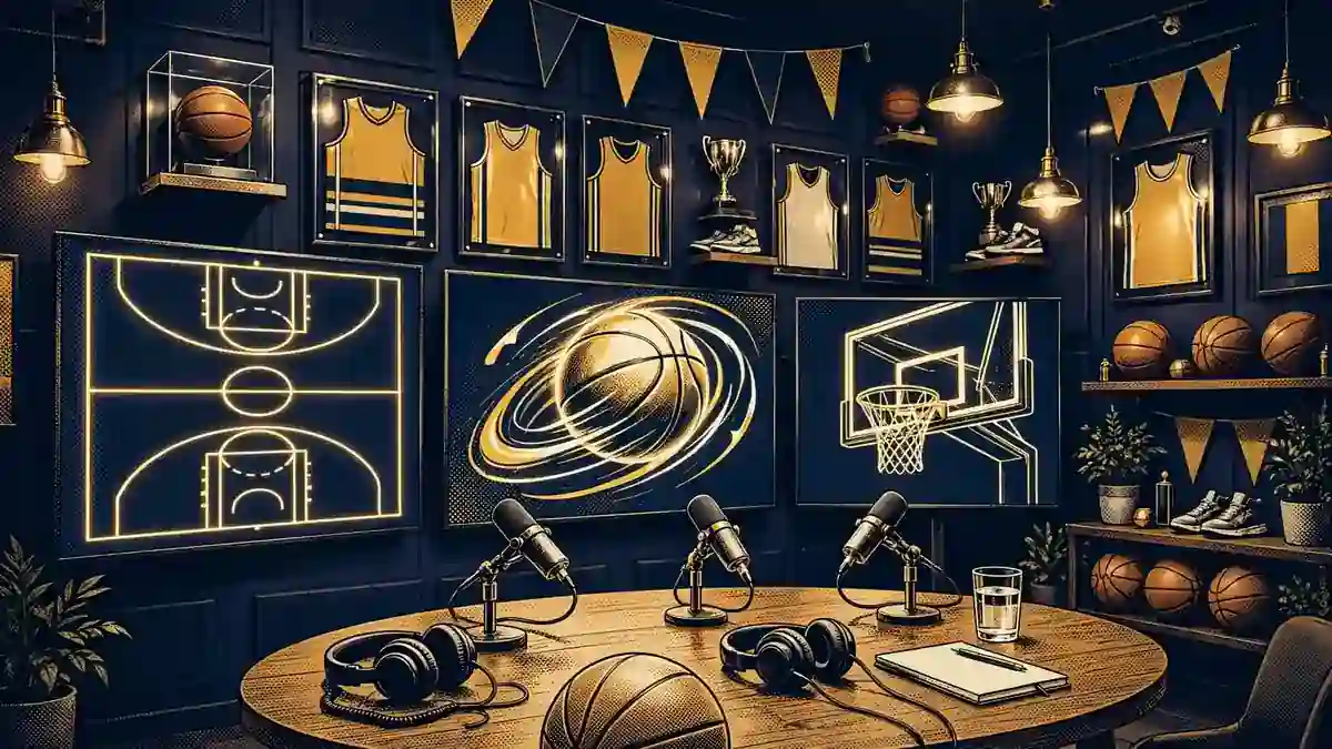 Illustration of a modern basketball podcast studio with microphones, glowing screens and memorabilia