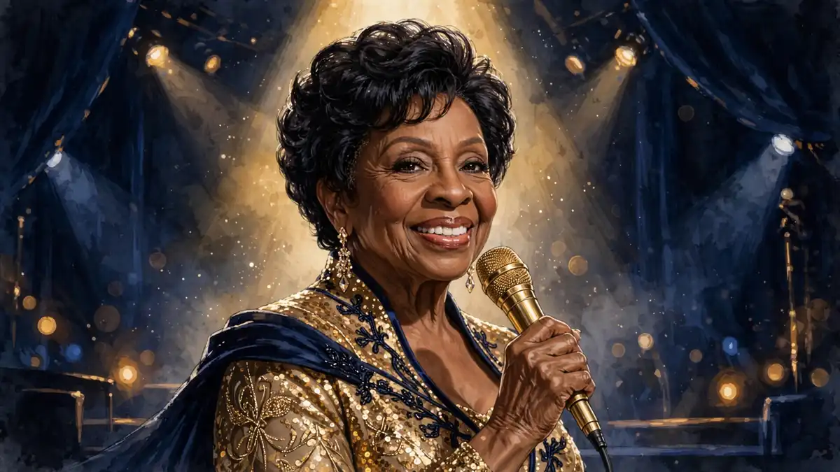Illustrated portrait of Gladys Knight in a gold sequined gown holding a gold microphone under concert lights