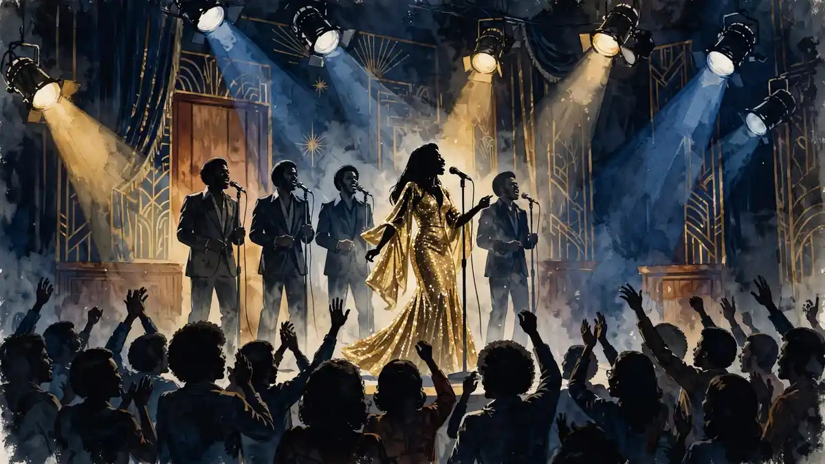 Illustration of a 1970s soul concert with a lead singer in a gold gown and three backup vocalists under stage lights