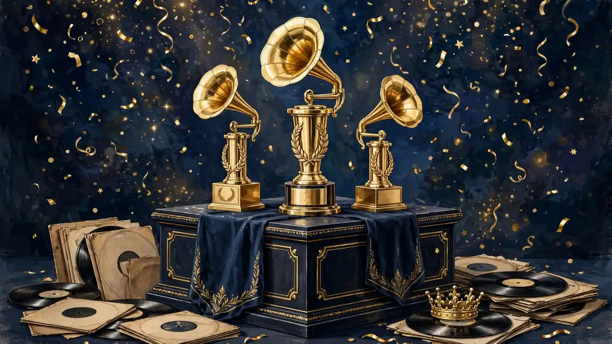 Illustration of golden gramophone trophies with gold confetti on a dark navy pedestal