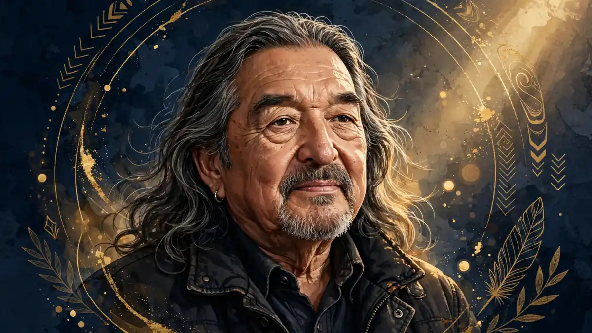 Stylized illustrated portrait of Canadian actor Graham Greene, the Oscar-nominated star of Dances with Wolves, against a navy and gold background