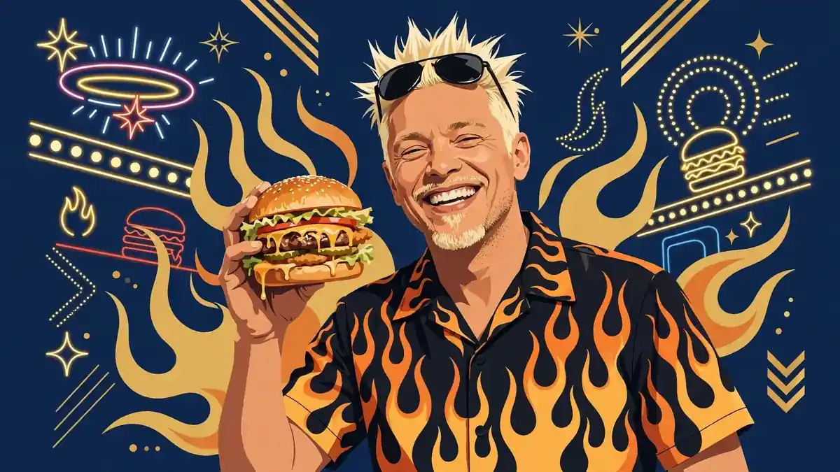Illustrated portrait of Guy Fieri with spiky blond hair and sunglasses holding a burger, in navy and gold