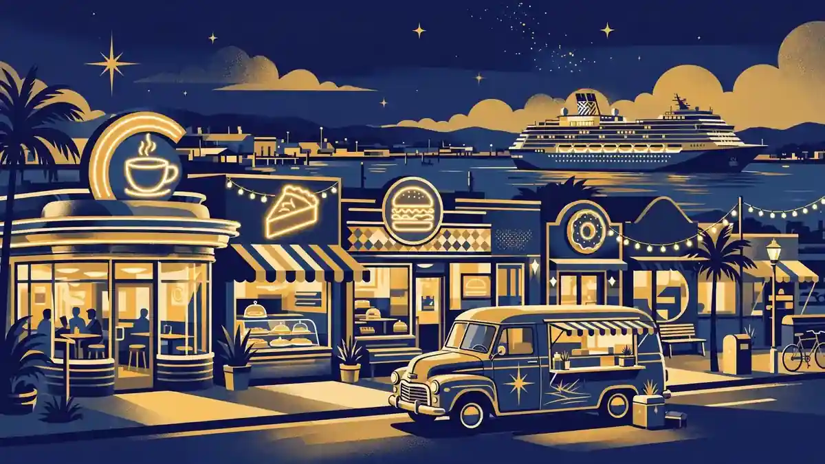 Illustration of roadside diners, a food truck and a cruise ship at dusk in navy and gold
