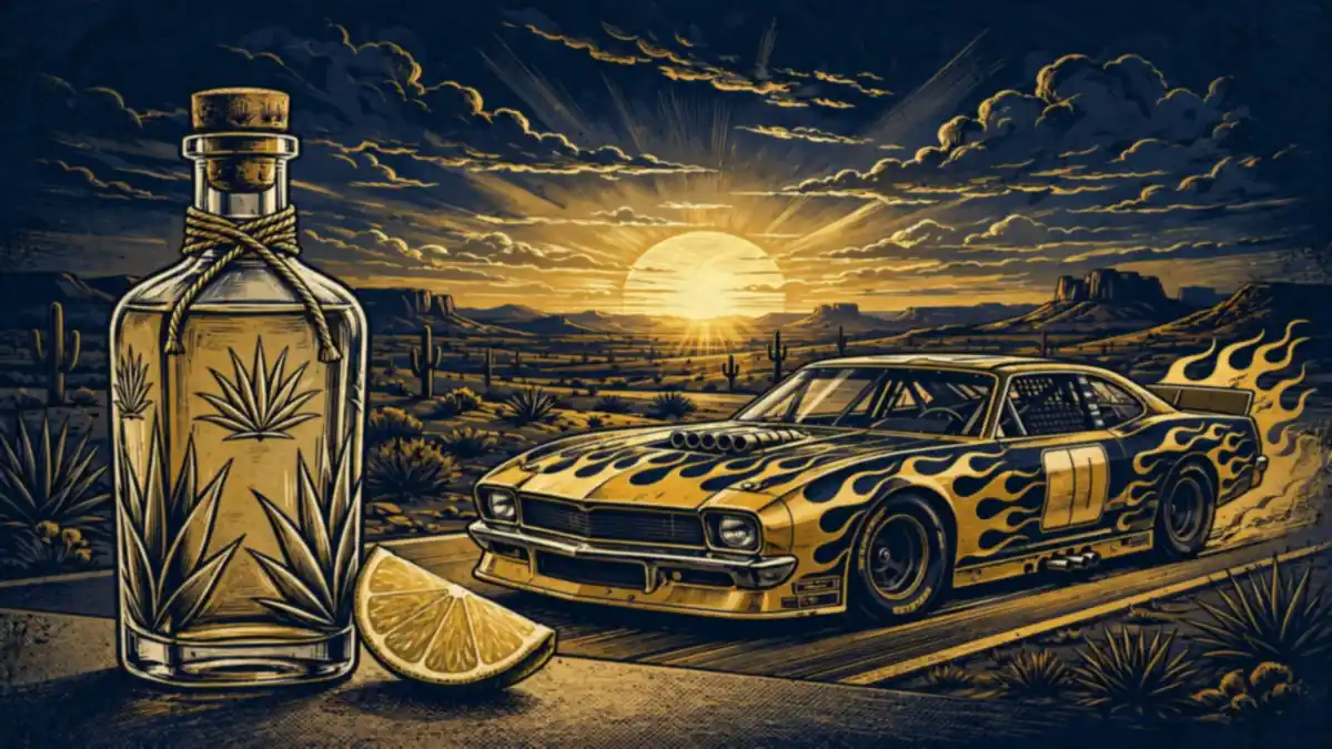 Illustration of a tequila bottle with agave and a flame-painted race car at sunset in navy and gold