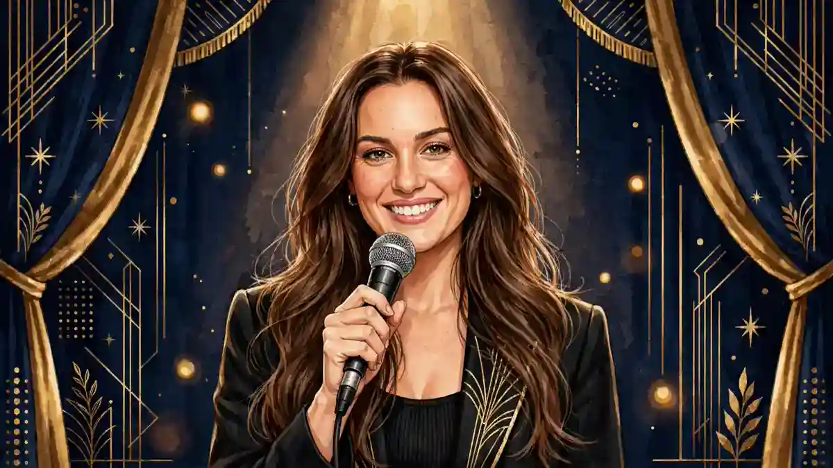 Stylized illustrated portrait of comedian Hannah Berner holding a microphone on a navy and gold comedy stage