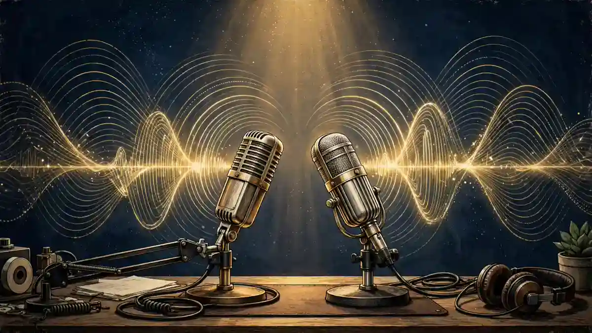 Illustration of two podcast microphones with gold sound waves on a navy studio background
